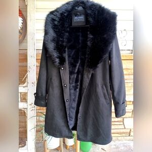 BELLIVERA Black Suede Like Trench Coat With Faux Fur Collar & Lining_Med